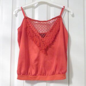 BEBE bright orange satin top with tassels and bubble hem